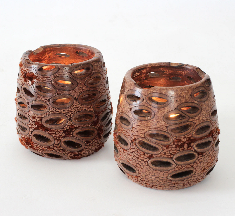 Boxed Pair of Banksia Nut Tea Light Candle Holders