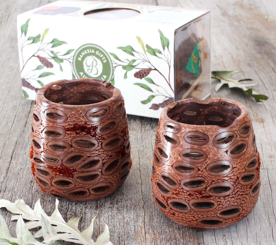 Boxed Pair of Banksia Nut Tea Light Candle Holders