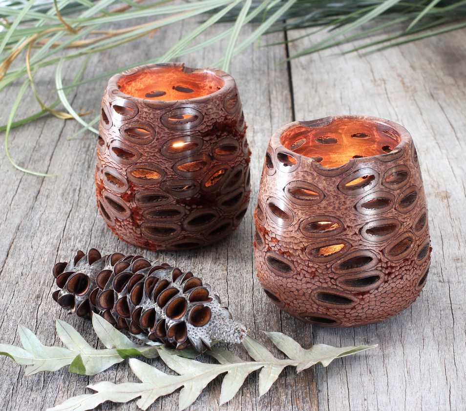 Boxed Pair of Banksia Nut Tea Light Candle Holders